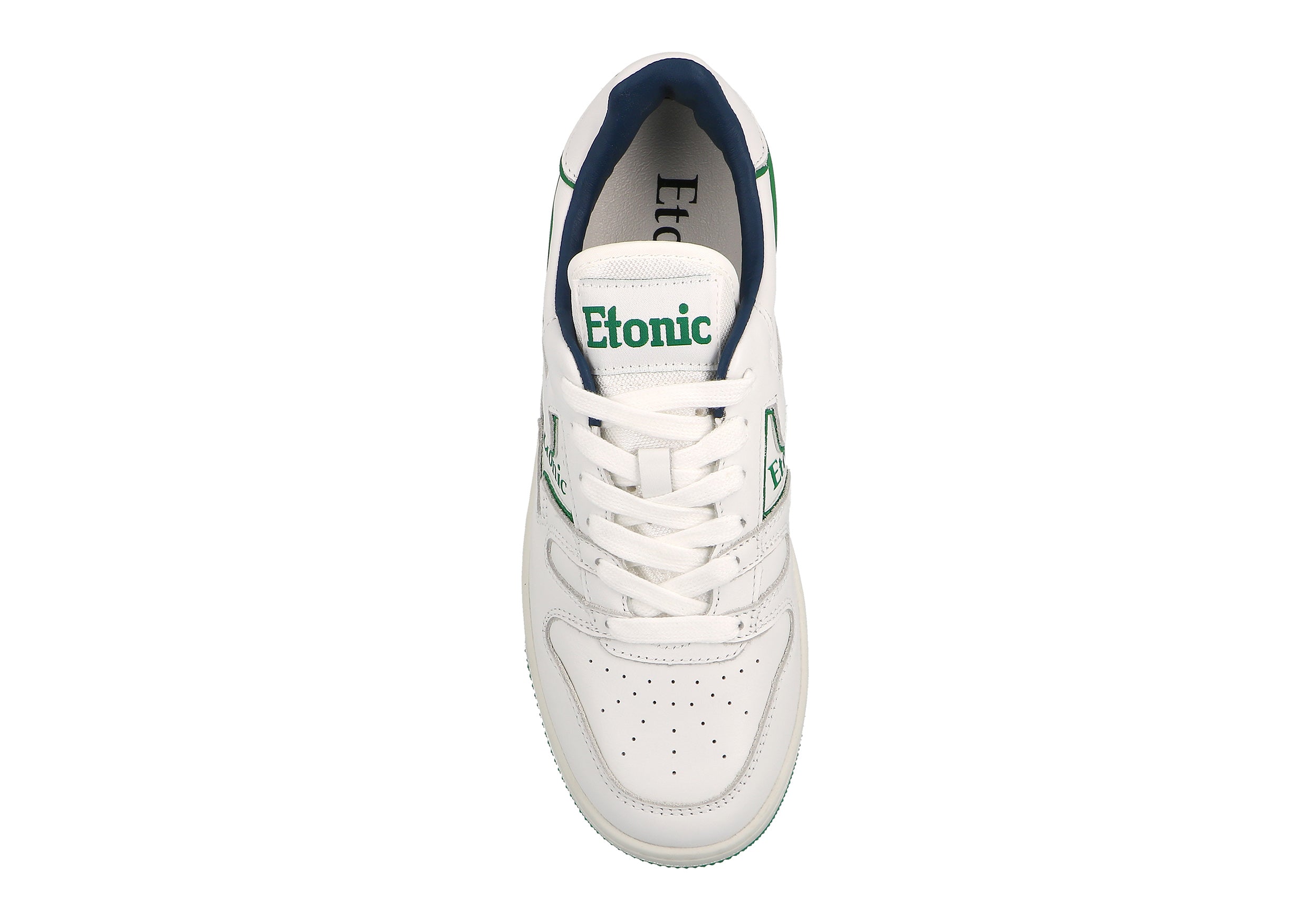 Sneakers Etonic B481 in pelle bianca con dettagli verdi e intersuola bianca con fondo suola verde.