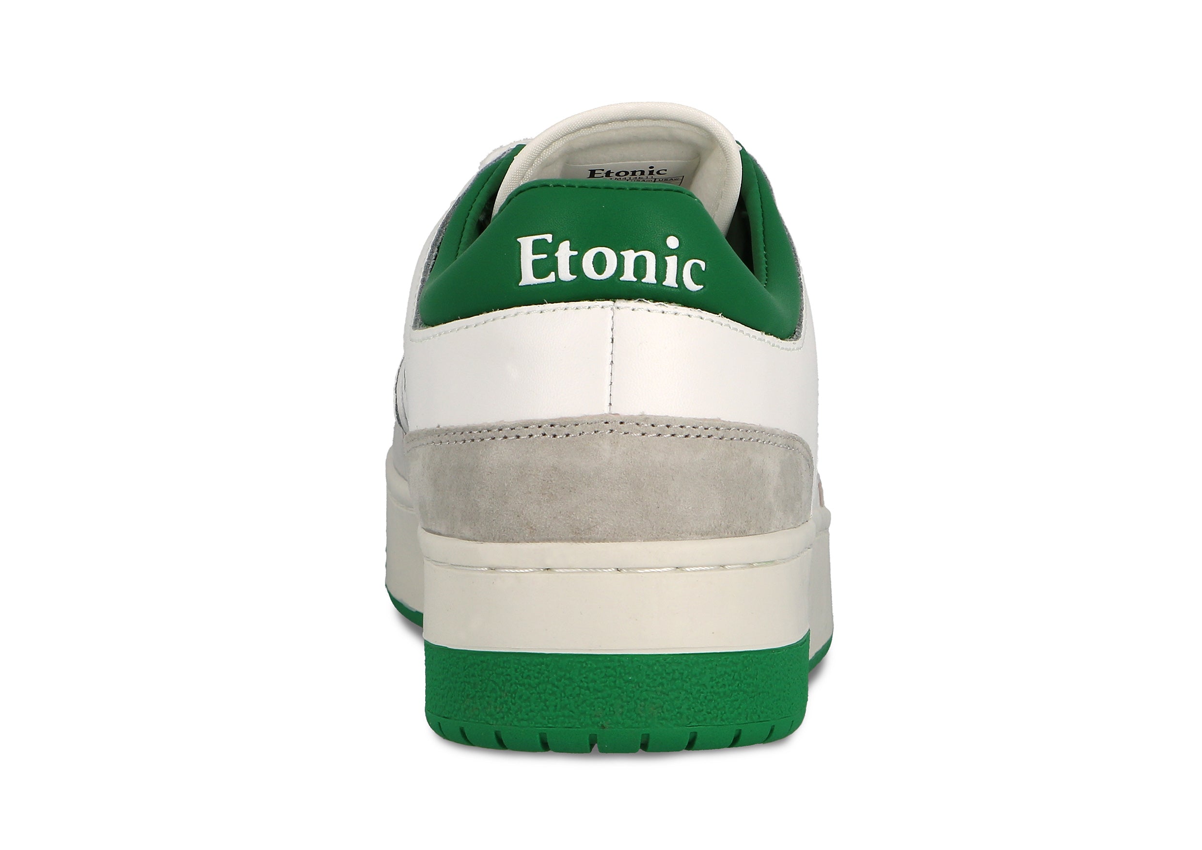 Sneakers Etonic B509 in pelle bianca, camoscio grigio chiaro, dettagli verdi e suola bianco sporco.