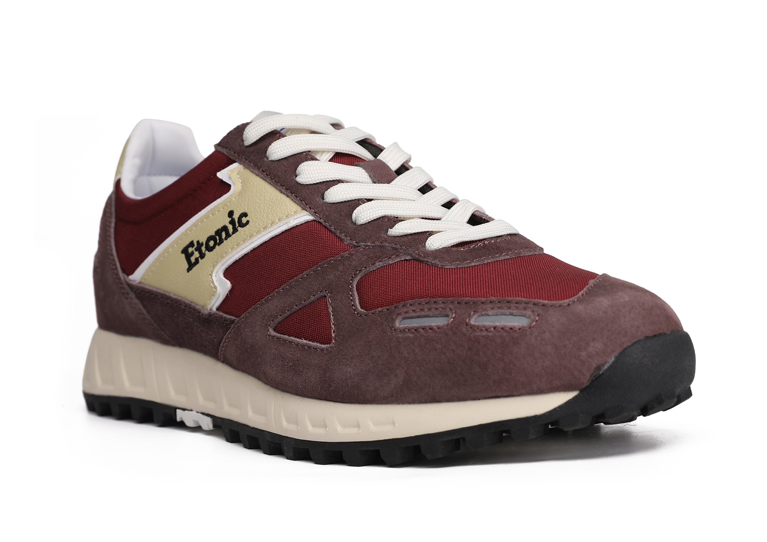 Runners Etonic PR538 in suede bordeaux, nylon rosso cremisi e dettagli neri.