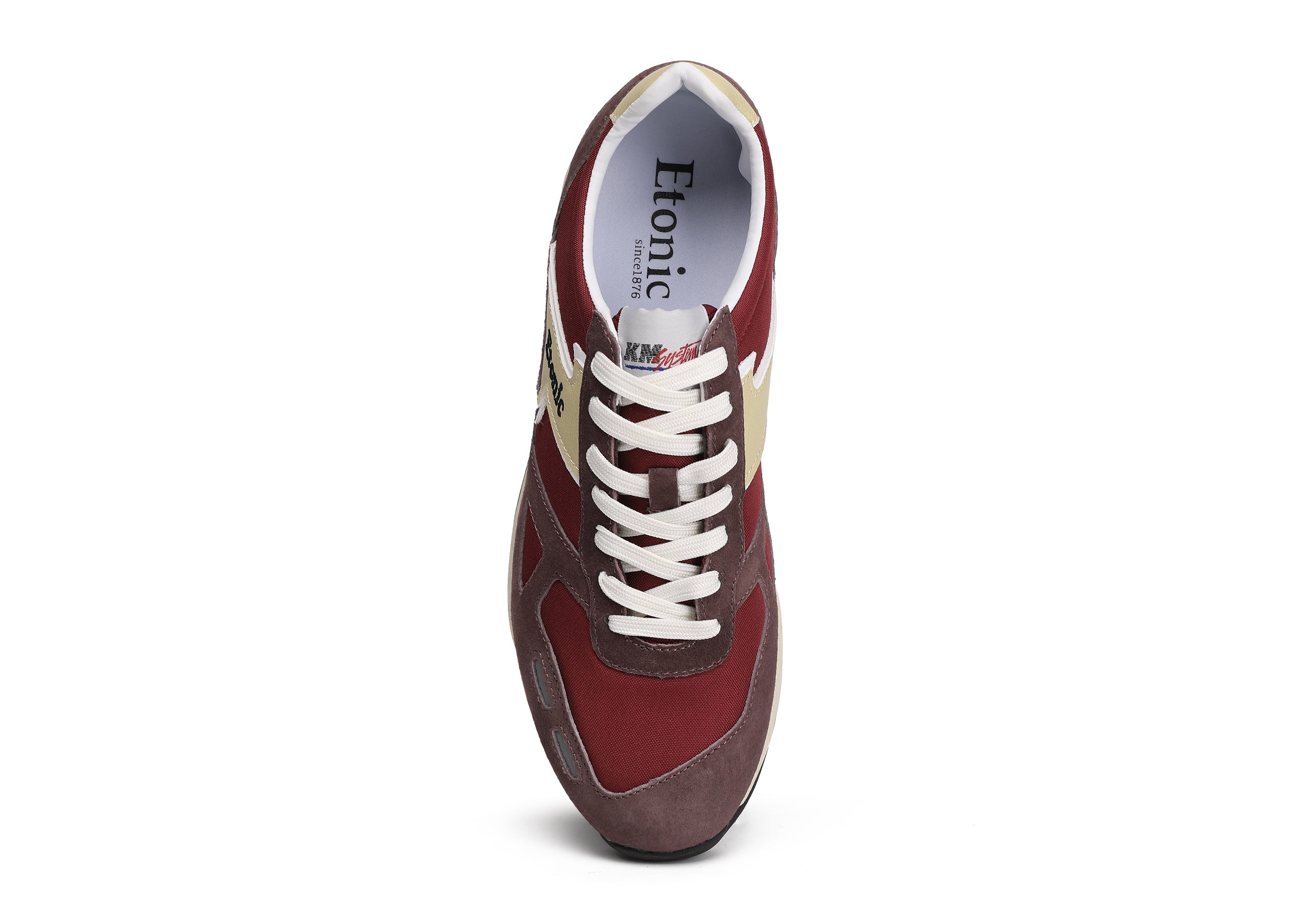 Runners Etonic PR538 in suede bordeaux, nylon rosso cremisi e dettagli neri.