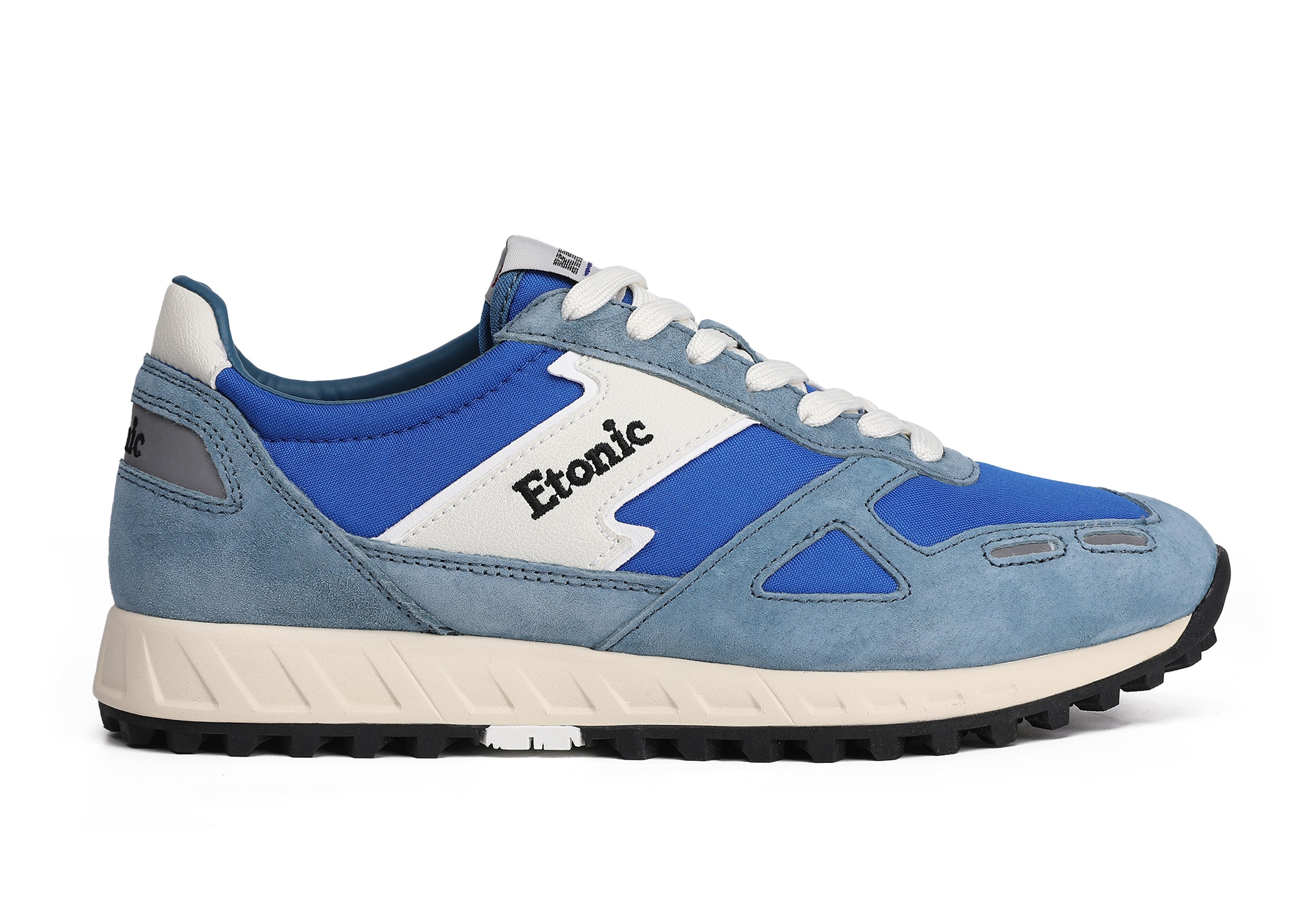 Baskets Etonic PR538 en daim bleu sarcelle, nylon bleu électrique et détails noirs.