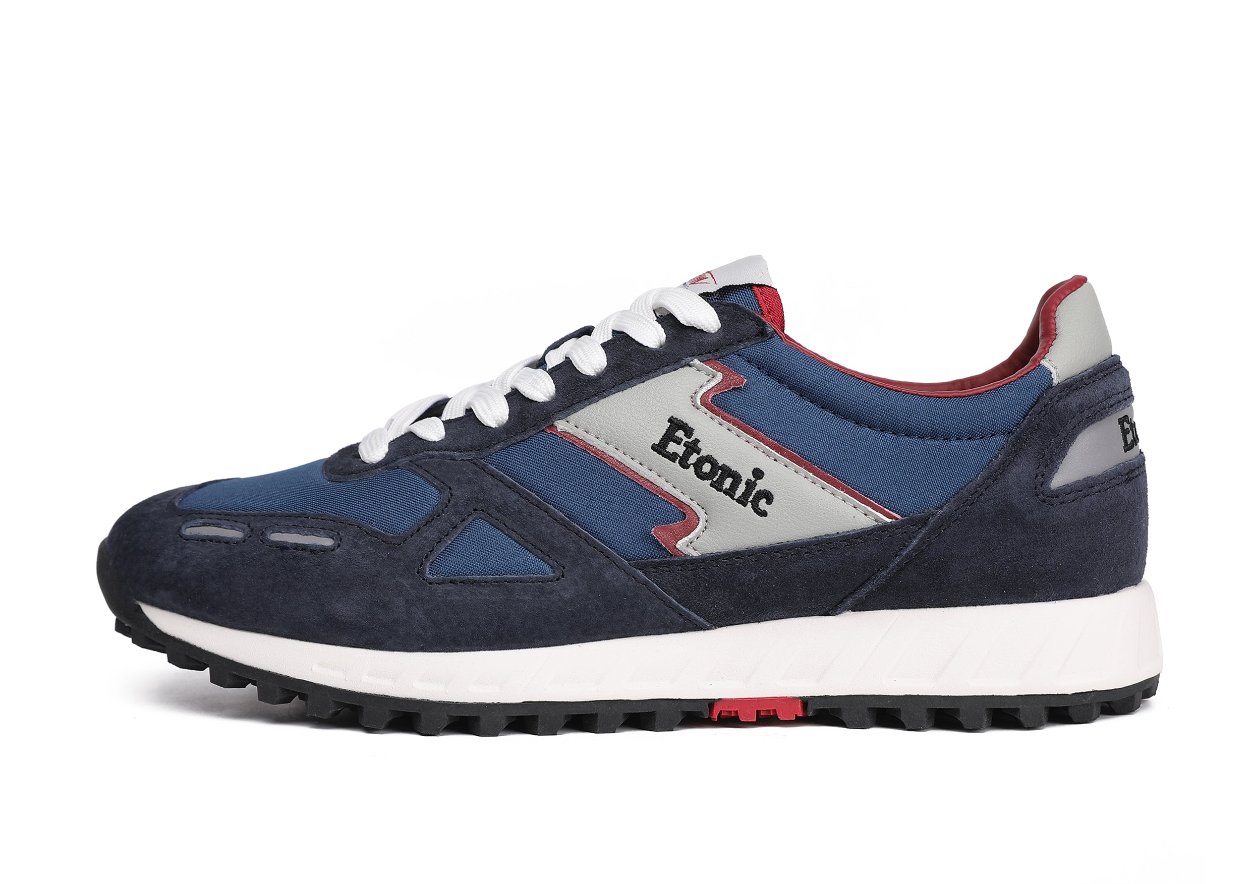 Runners Etonic PR538 in suede blu scuro, nylon blu, inserti rossi e dettagli neri.
