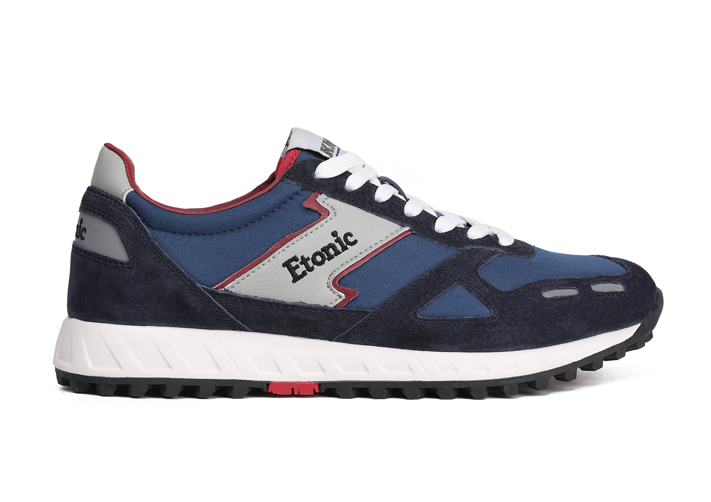 Runners Etonic PR538 in suede blu scuro, nylon blu, inserti rossi e dettagli neri.