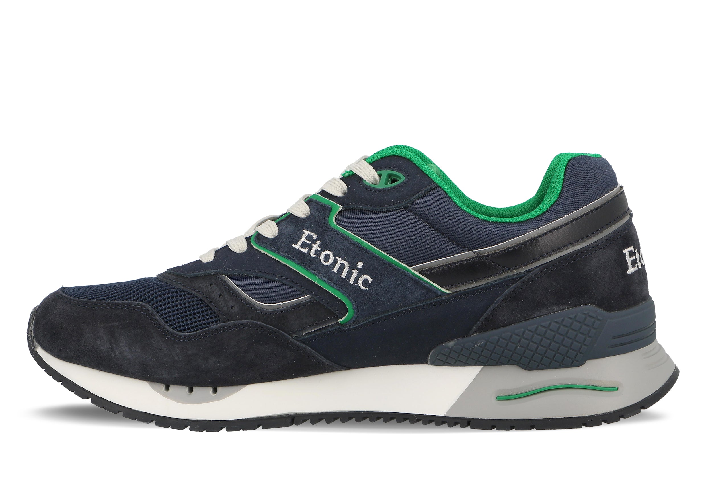 Sneakers Etonic Stable Base in tessuto a rete blu scuro, pelle scamosciata blu scuro con inserti in pelle multistrato tono su tono e dettagli verdi.