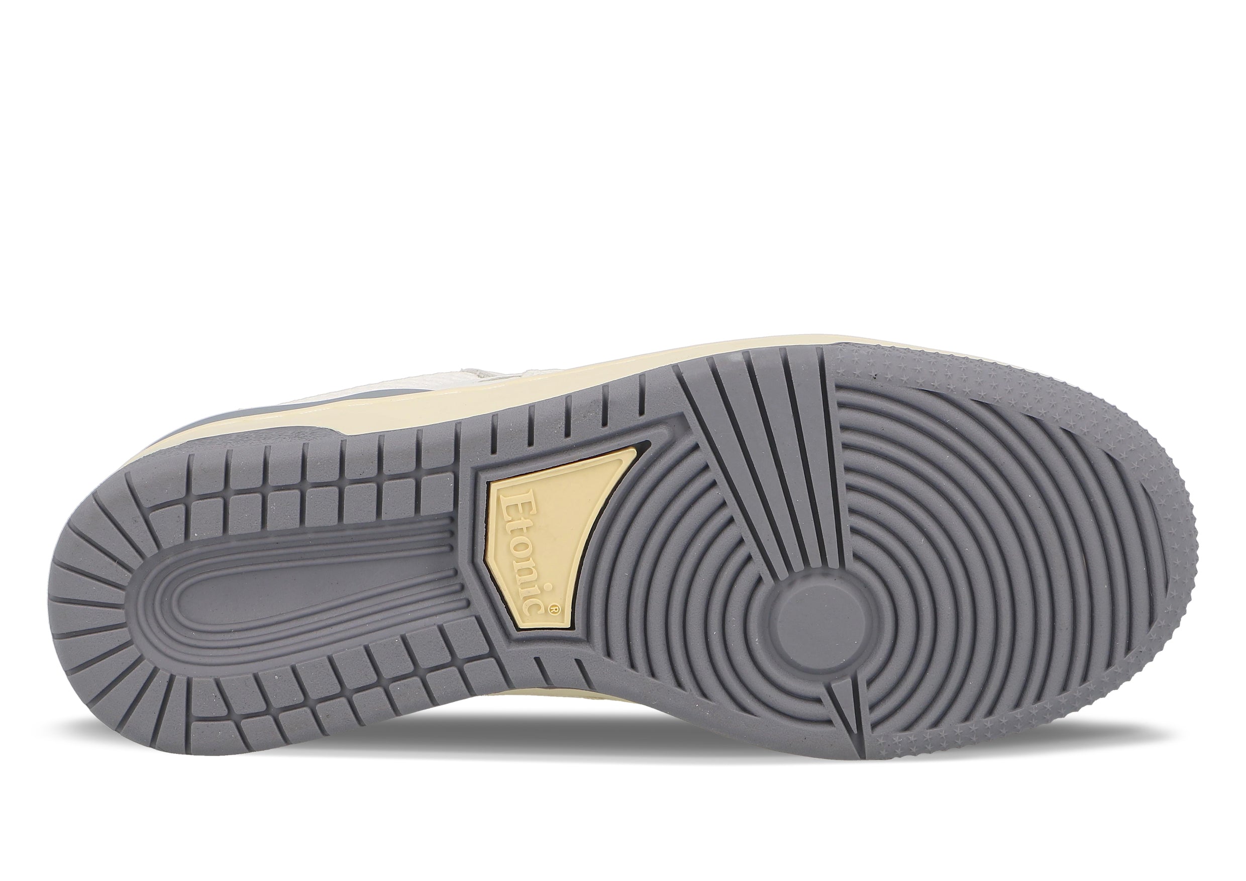Sneakers Etonic B481 in pelle bianca, mesh bianco, dettagli gialli e verde grigio fumo con intersuola beige e suola inferiore grigio fumo.