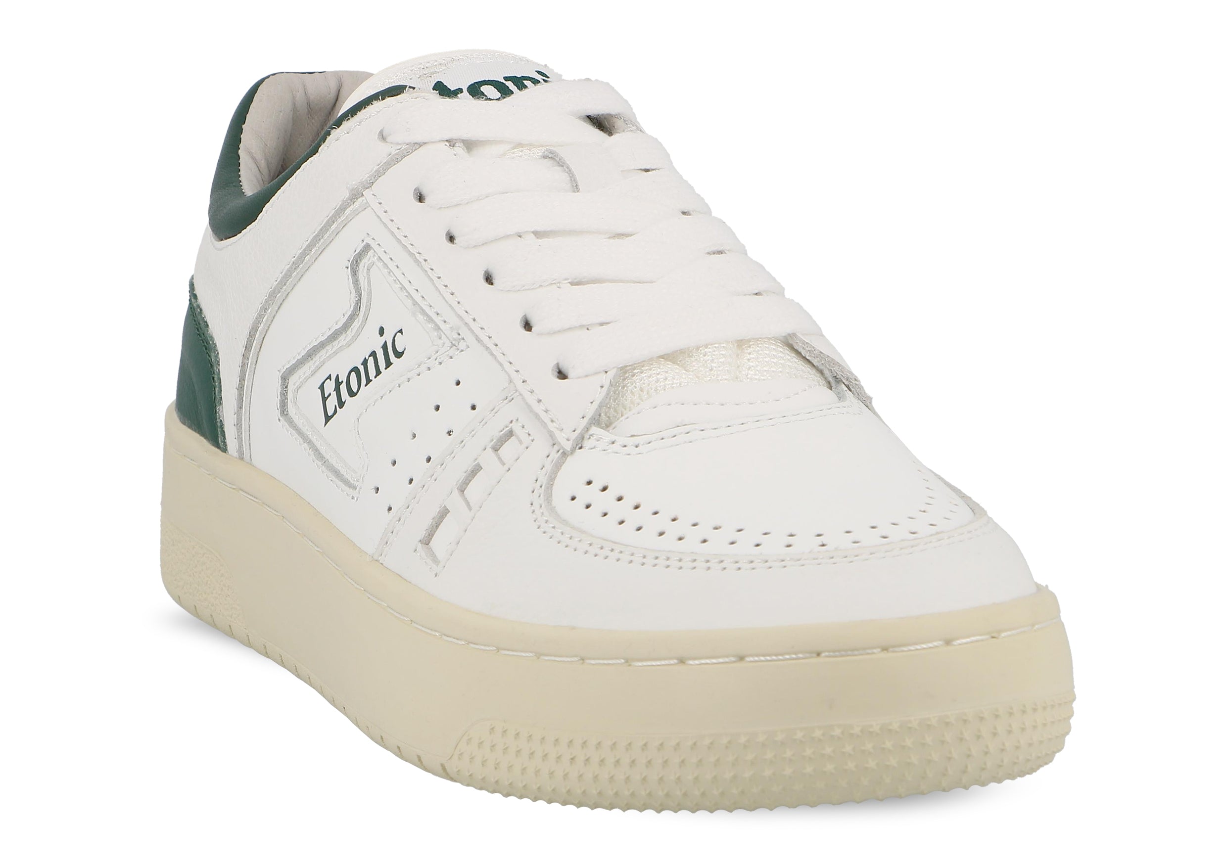 Sneakers Etonic B509 in pelle bianca con dettagli verde scuro e suola beige.