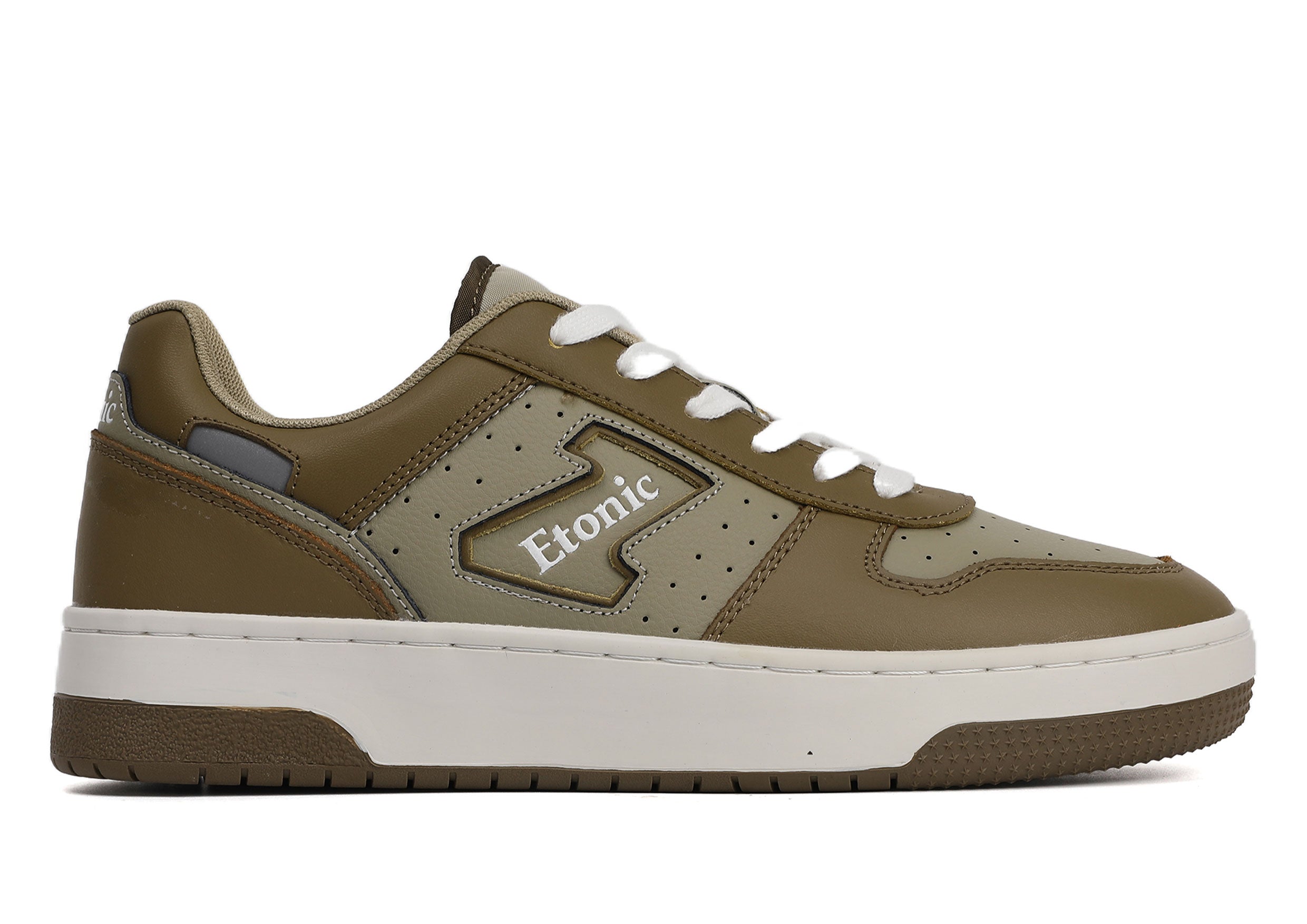 Sneakers Etonic THE DOC in pelle verde oliva e verde salvia, con intersuola bianco sporco e suola inferiore verde oliva.