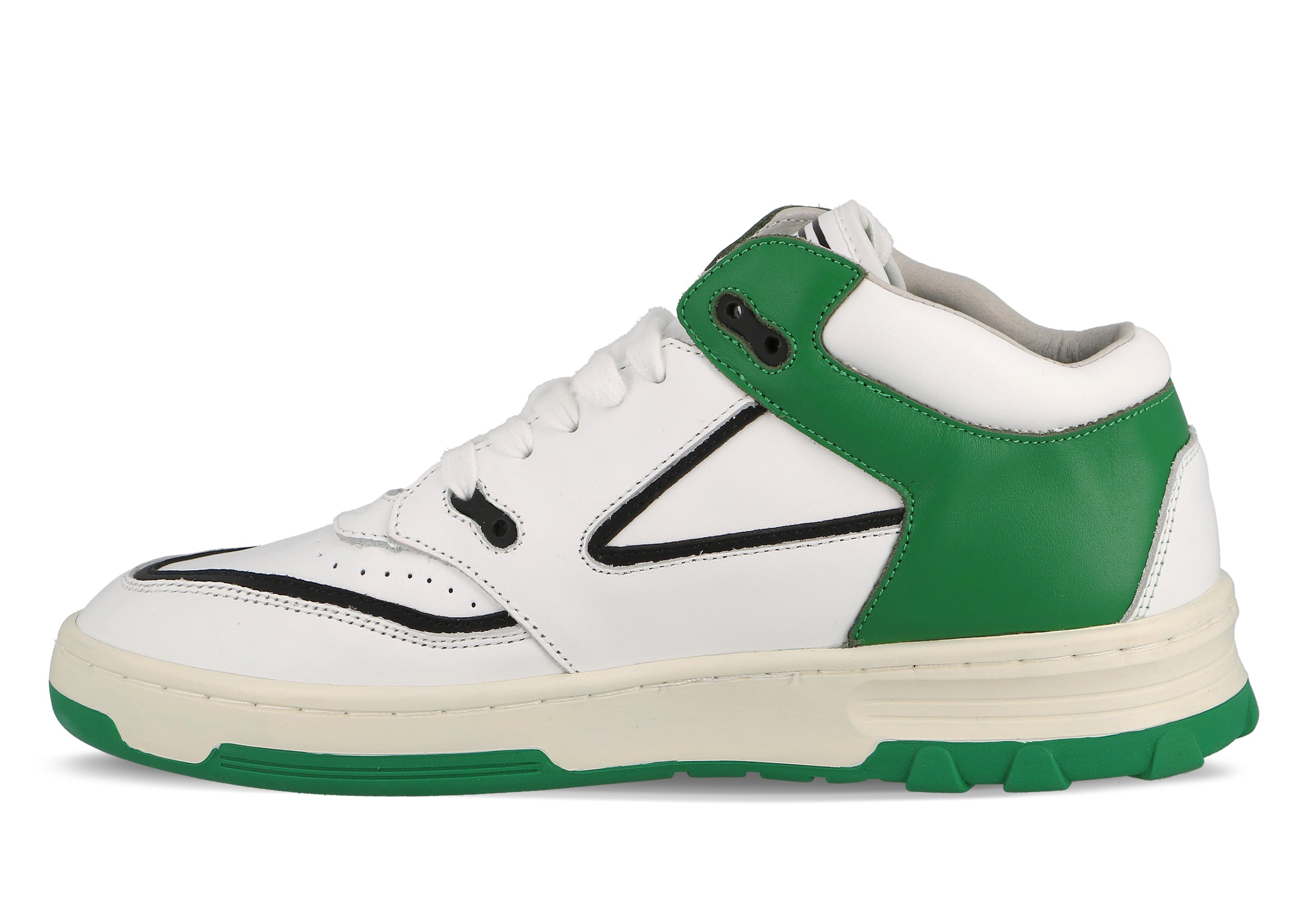 Sneakers Etonic B583 in pelle bianca e dettagli verdi con intersuola bianco sporco e suola inferiore verde.