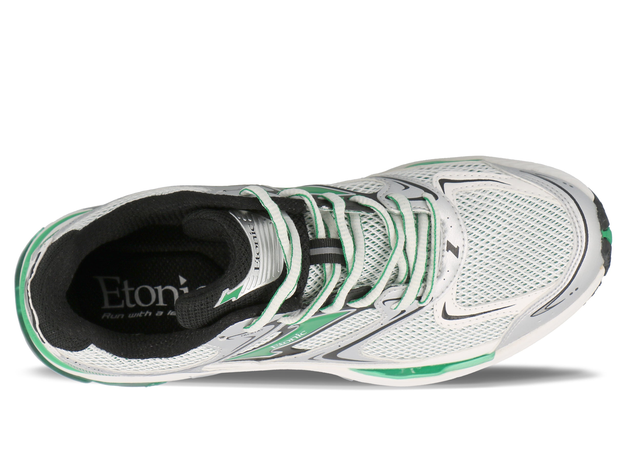 Etonic Evolution sneakers in black and white mesh fabric and white and silver eco-leather with green inserts and black lining.