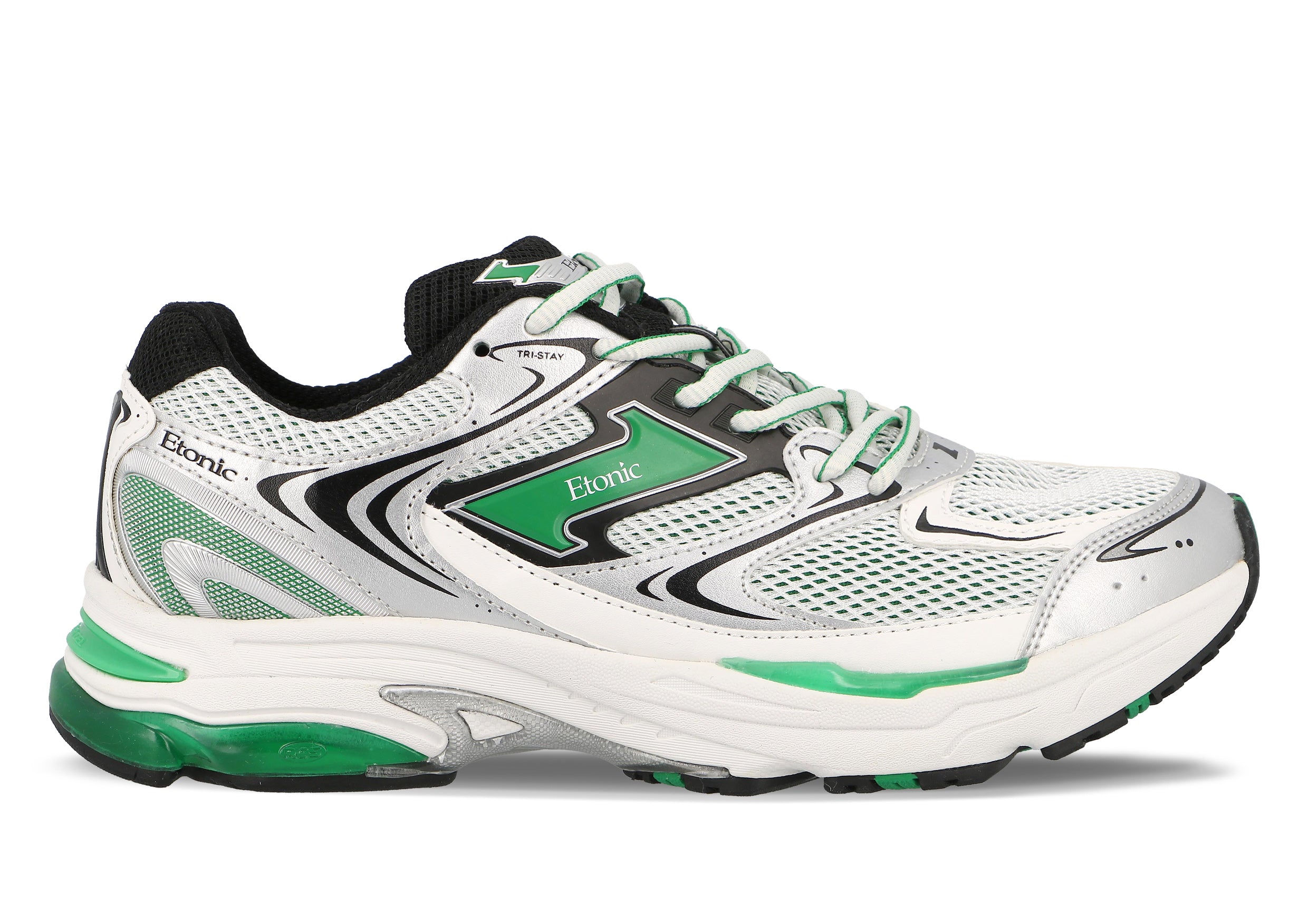 Etonic Evolution sneakers in black and white mesh fabric and white and silver eco-leather with green inserts and black lining.
