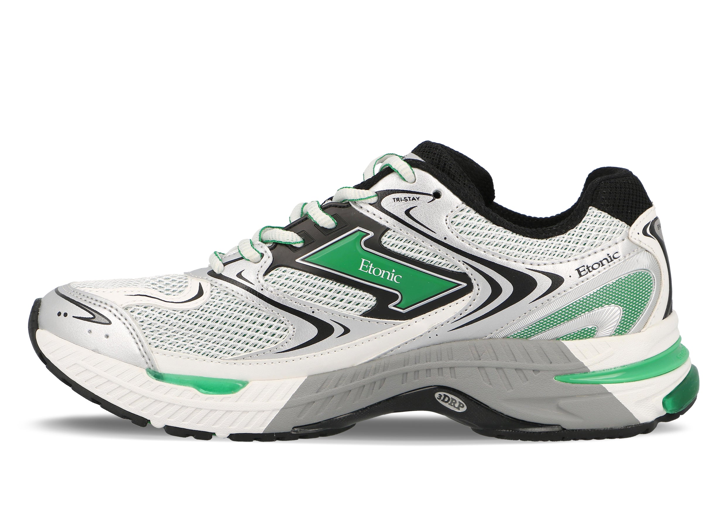 Etonic Evolution sneakers in black and white mesh fabric and white and silver eco-leather with green inserts and black lining.