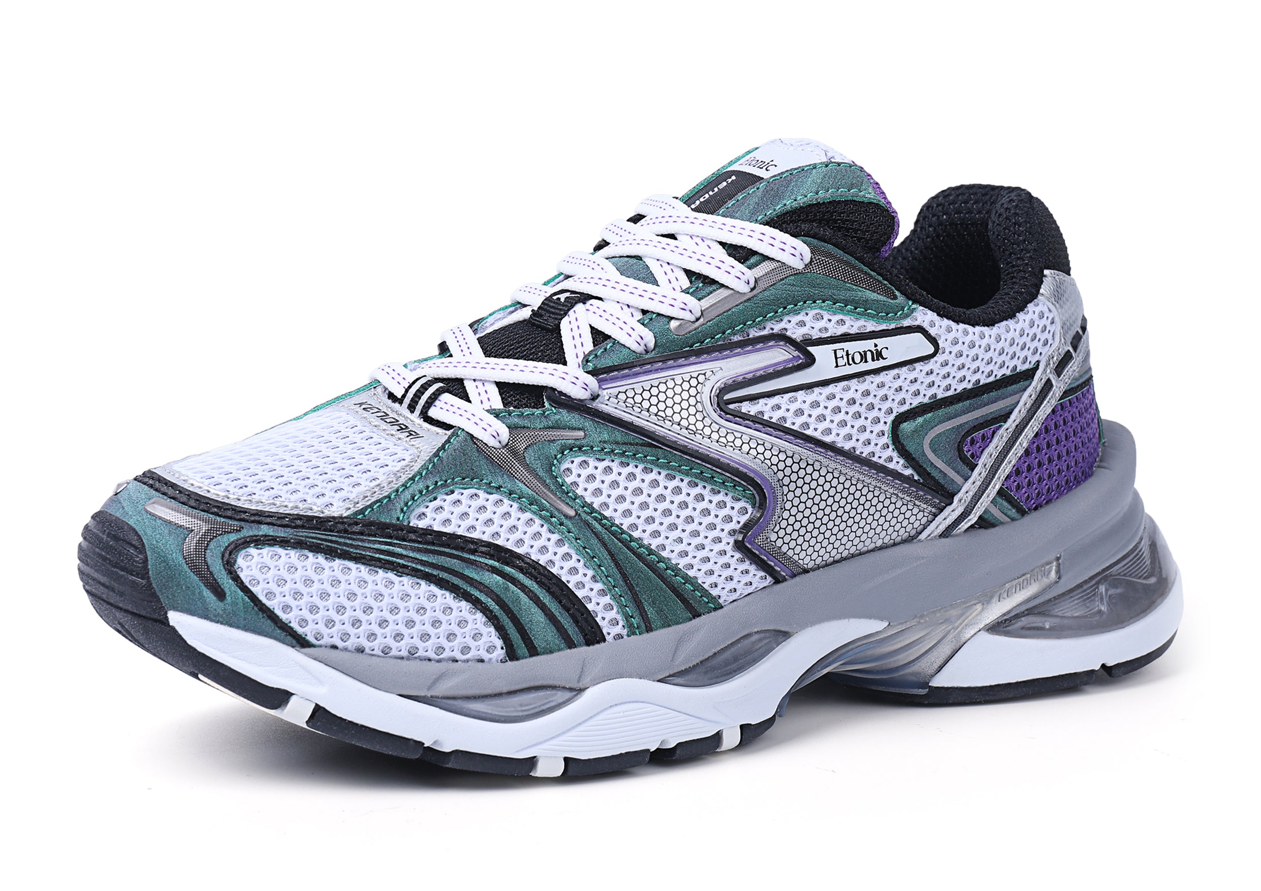 Etonic Kendari 3.0 sneakers in mint green leather, white mesh with black details and matte silver leather inserts.