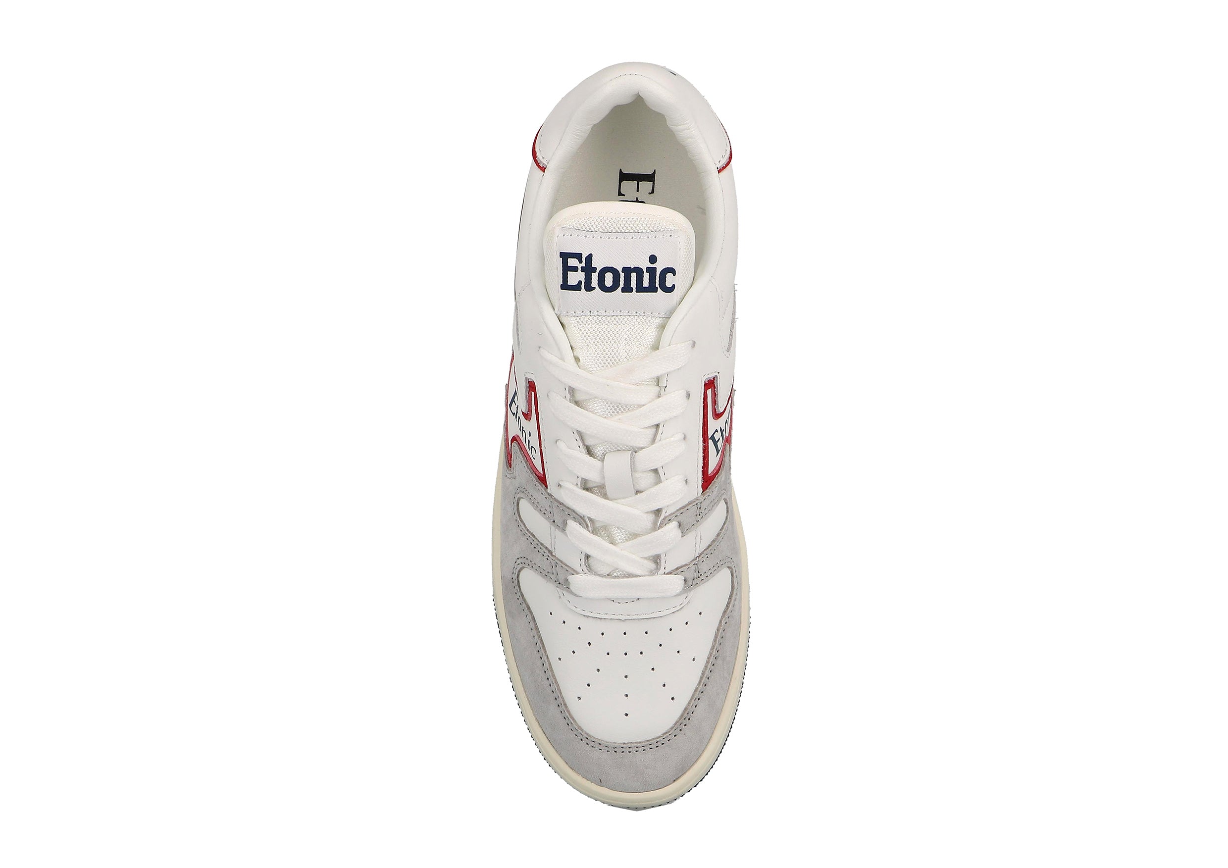 Baskets Etonic B481 en cuir blanc et daim gris clair avec empiècements et détails rouge écarlate