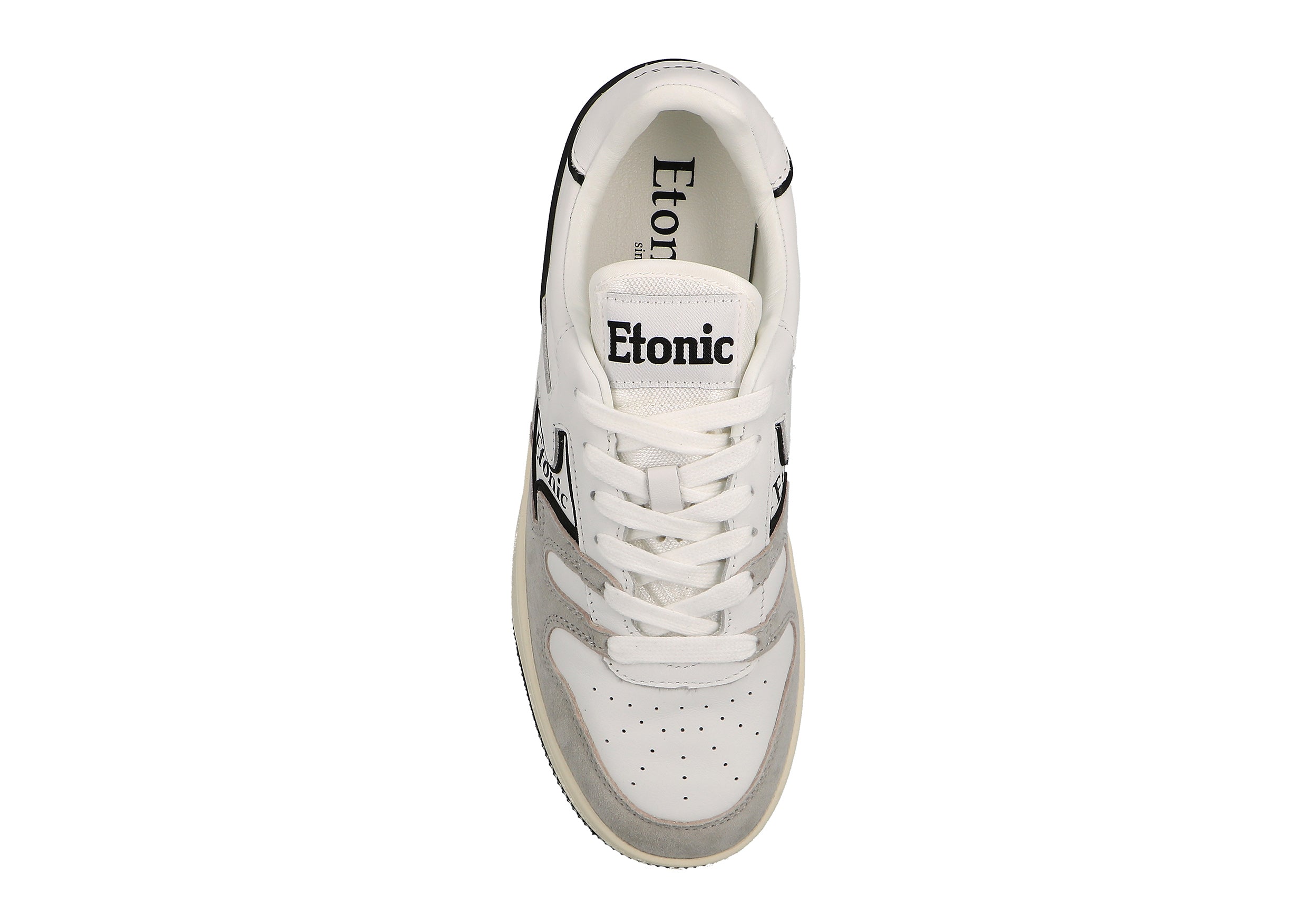 Sneakers Etonic B481 in pelle bianca e camoscio grigio chiaro con inserti e dettagli neri.
