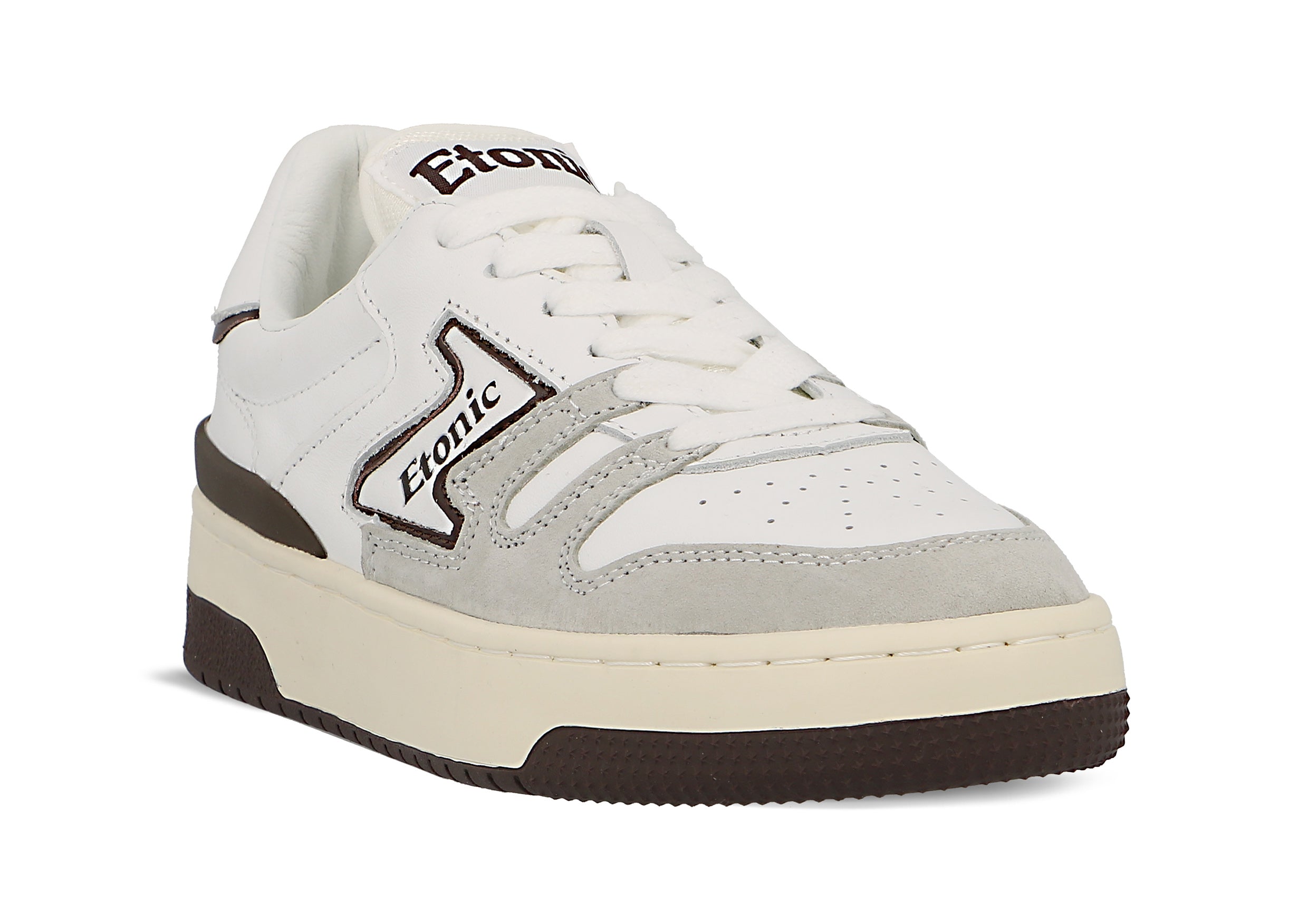 Sneakers Etonic B481 in pelle bianca e camoscio grigio chiaro con inserti e dettagli marroni.