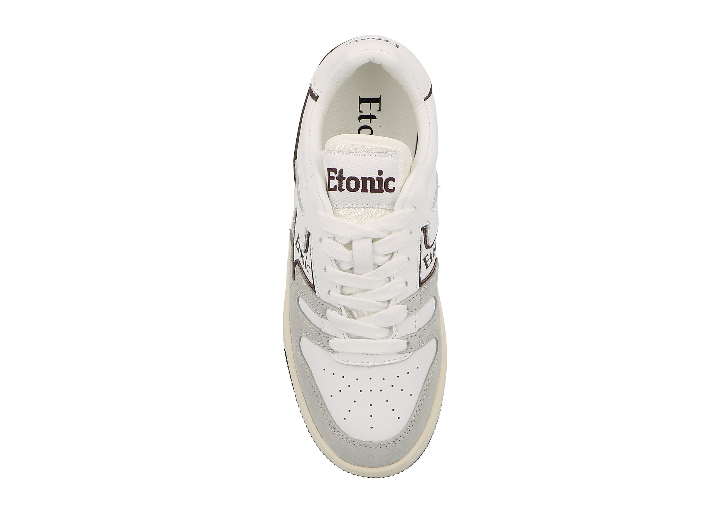 Sneakers Etonic B481 in pelle bianca e camoscio grigio chiaro con inserti e dettagli marroni.
