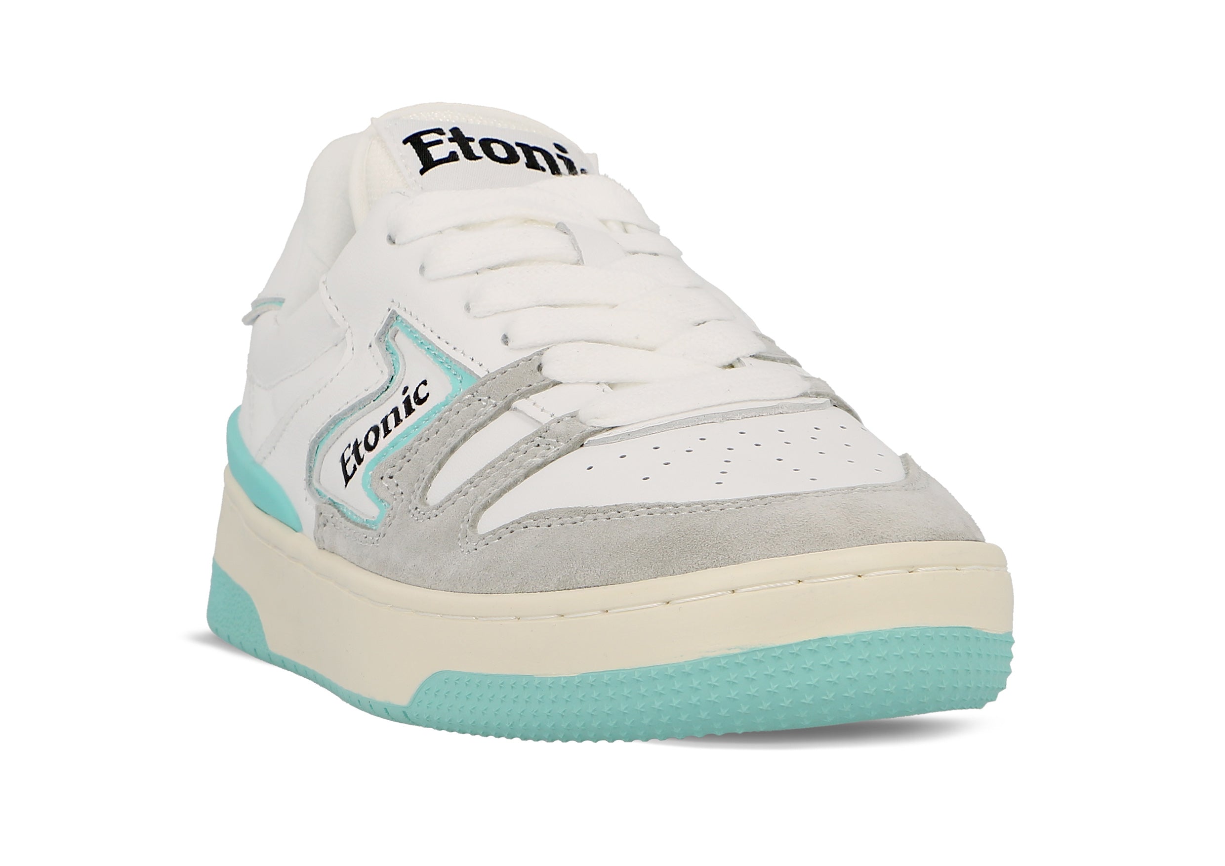 Sneakers Etonic B481 in pelle bianca e camoscio grigio chiaro con inserti e dettagli turchesi.