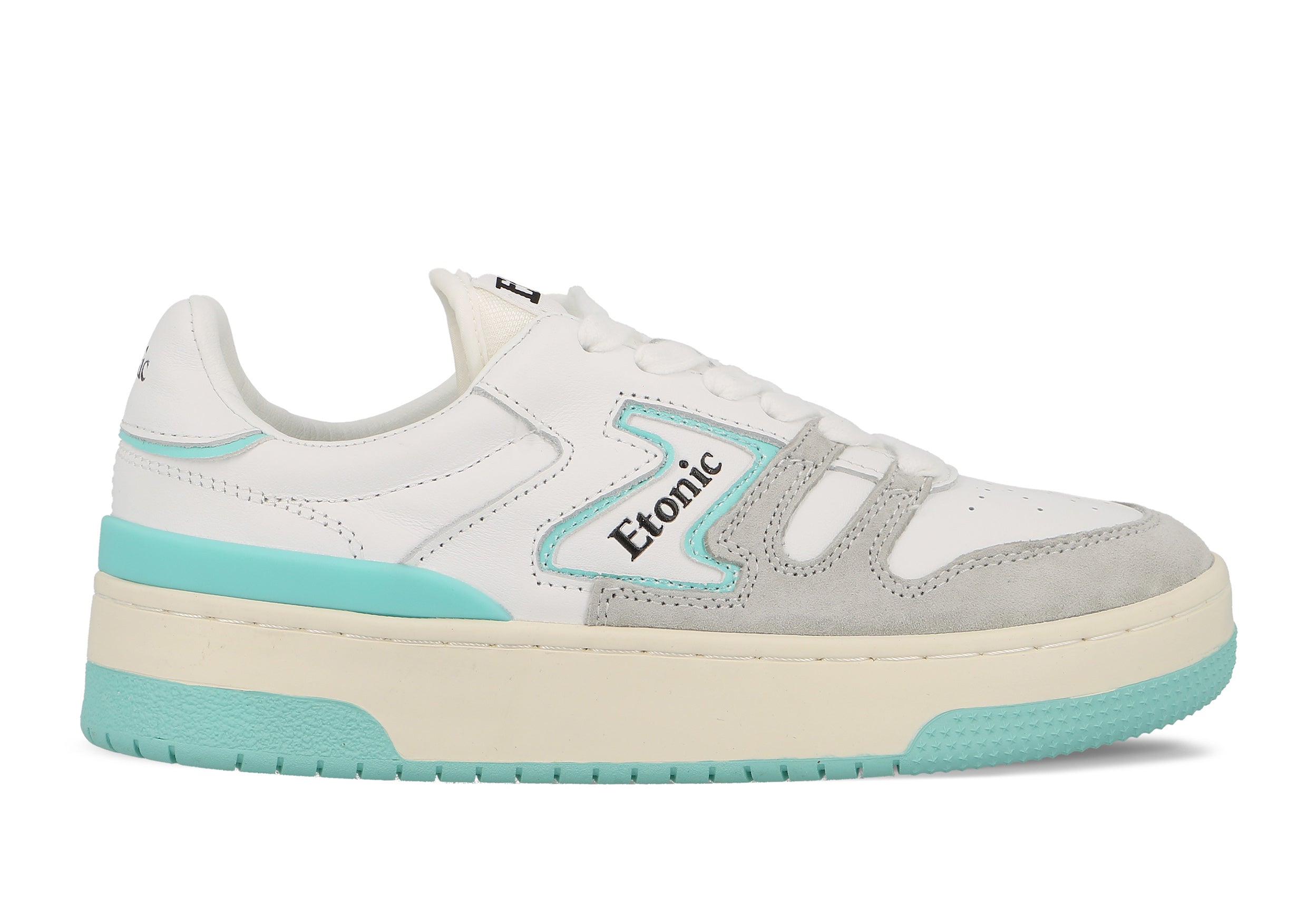 Sneakers Etonic B481 in pelle bianca e camoscio grigio chiaro con inserti e dettagli turchesi.