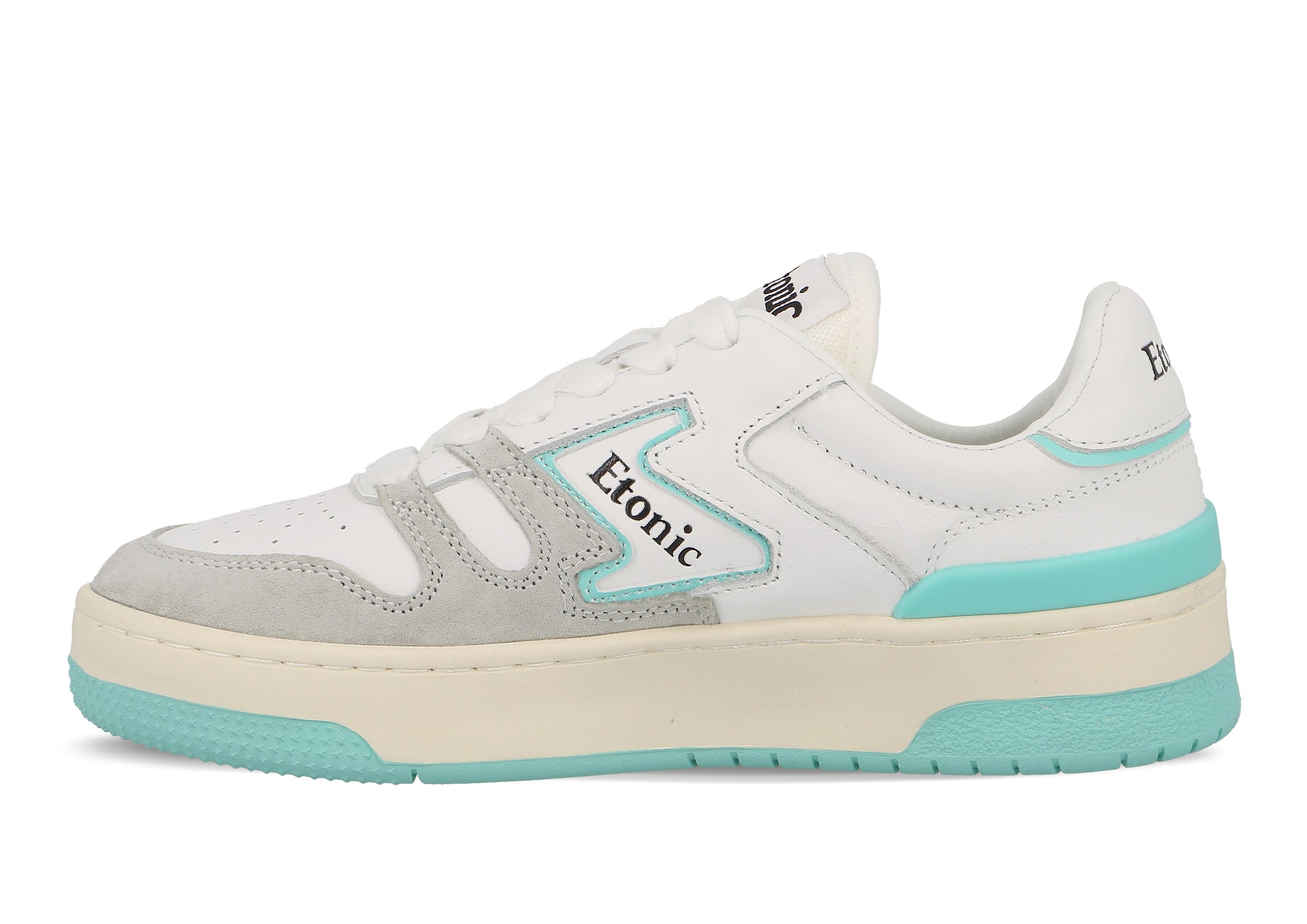 Sneakers Etonic B481 in pelle bianca e camoscio grigio chiaro con inserti e dettagli turchesi.