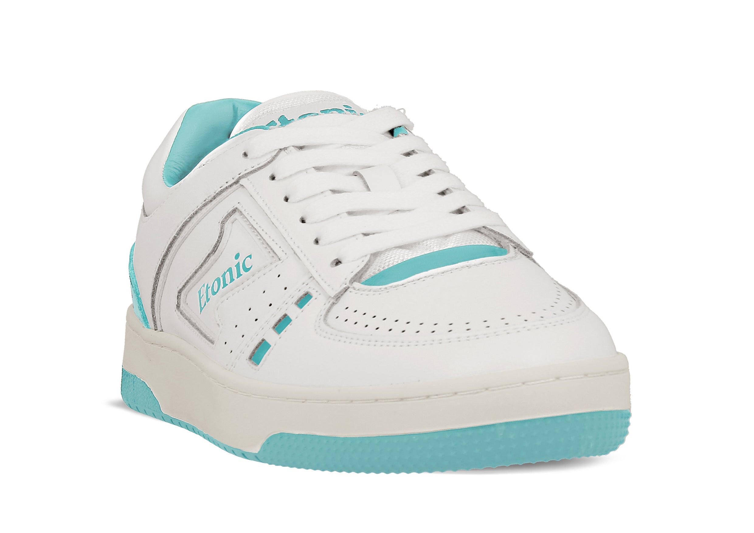 Sneakers Etonic B509 in pelle bianca con dettagli e inserti turchesi.