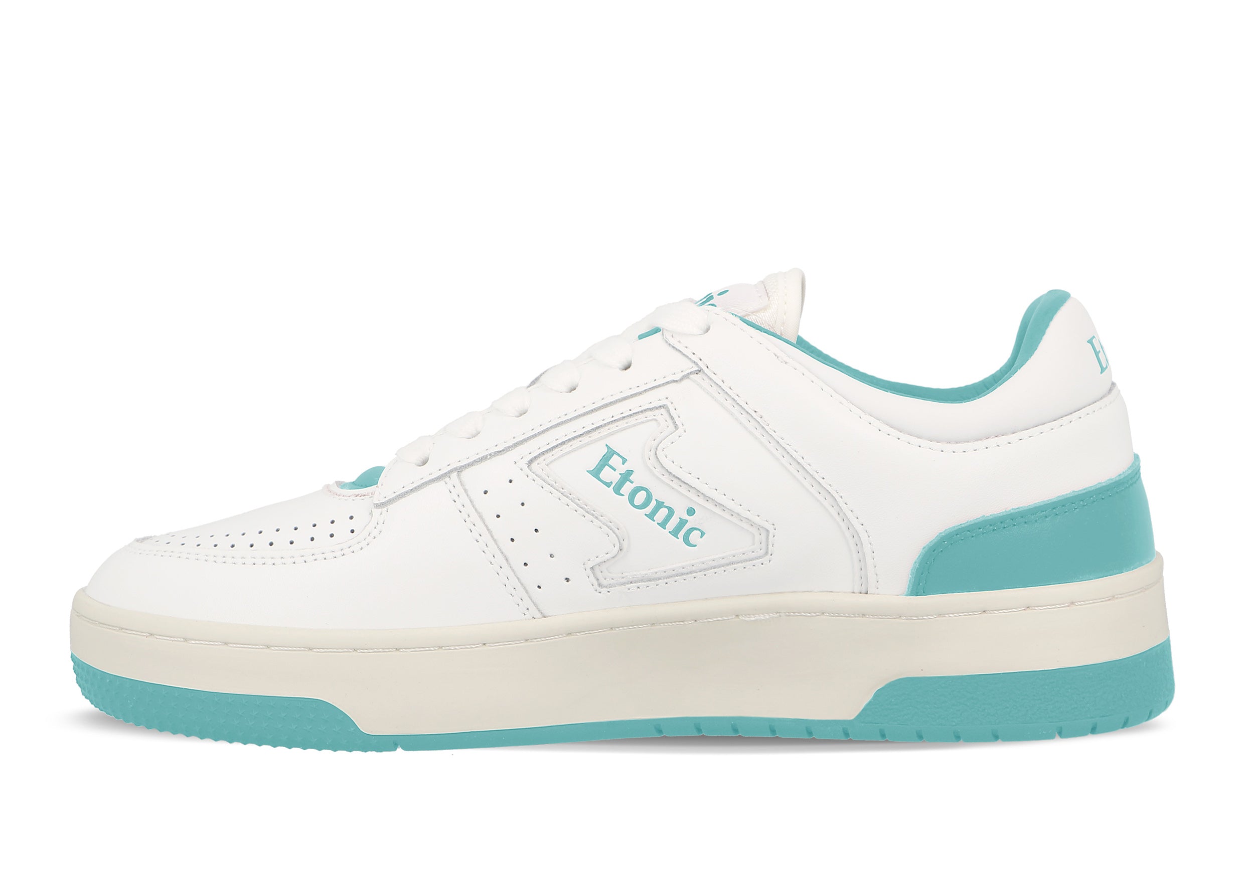 Sneakers Etonic B509 in pelle bianca con dettagli e inserti turchesi.