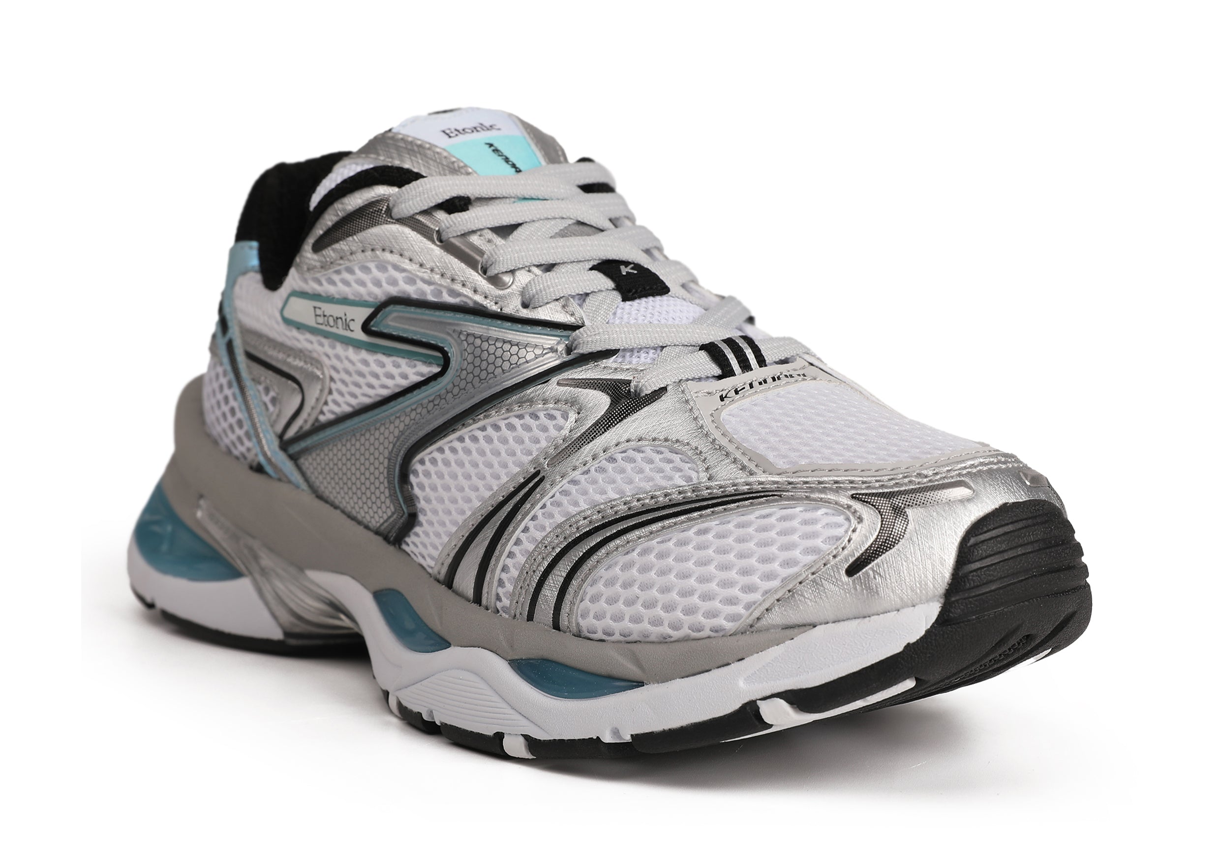 Etonic Kendari 3.0 sneakers in matte silver leather, white mesh and turquoise inserts and details.