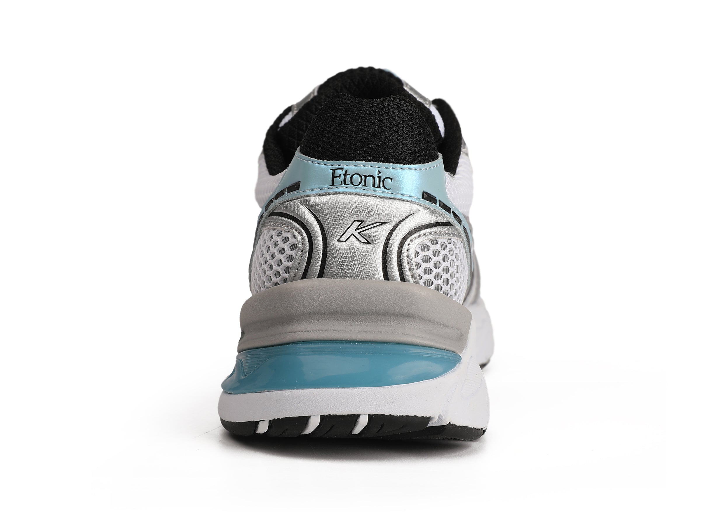 Etonic Kendari 3.0 sneakers in matte silver leather, white mesh and turquoise inserts and details.