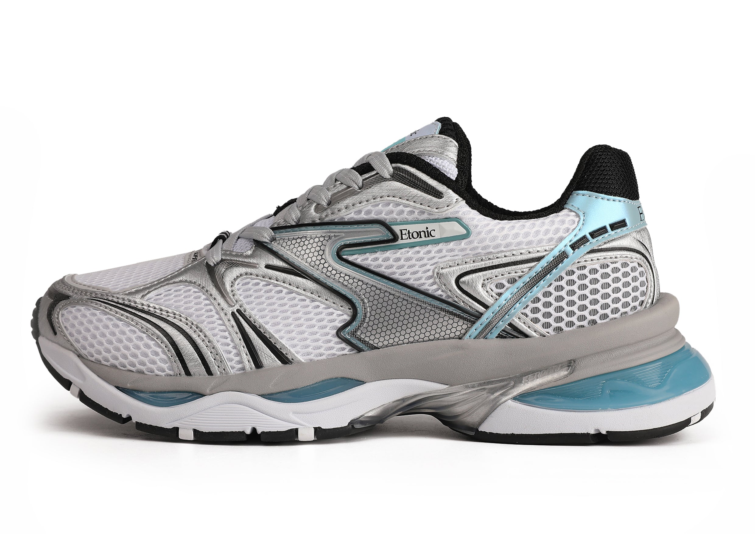Etonic Kendari 3.0 sneakers in matte silver leather, white mesh and turquoise inserts and details.