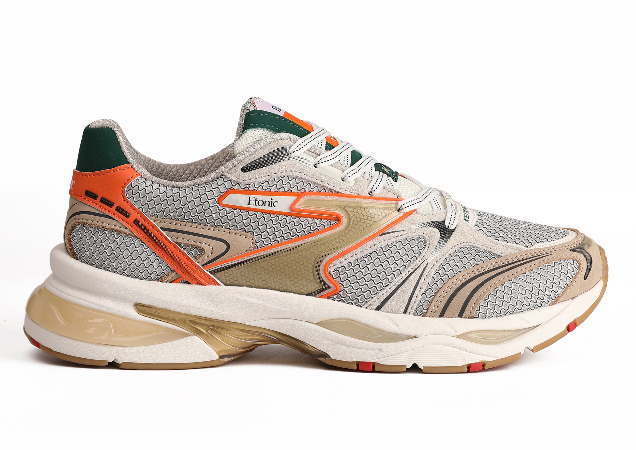 Etonic Kendari 3.0 sneakers in beige leather, light grey mesh and multi-color inserts and details.