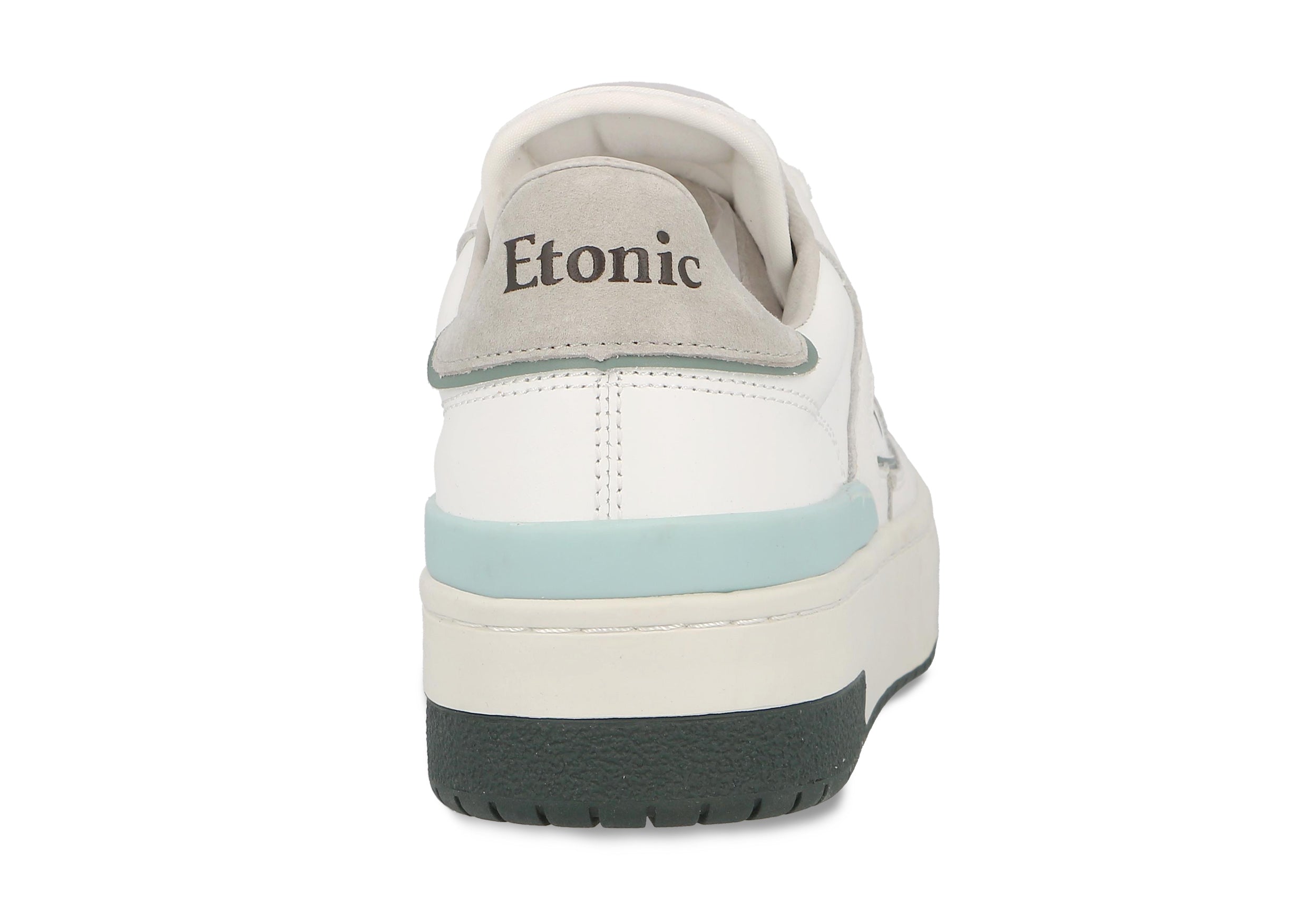 Sneakers Etonic B481 in pelle scamosciata grigia con puntale in pelle bianca, intersuola bianca, suola inferiore blu e dettagli celeste.