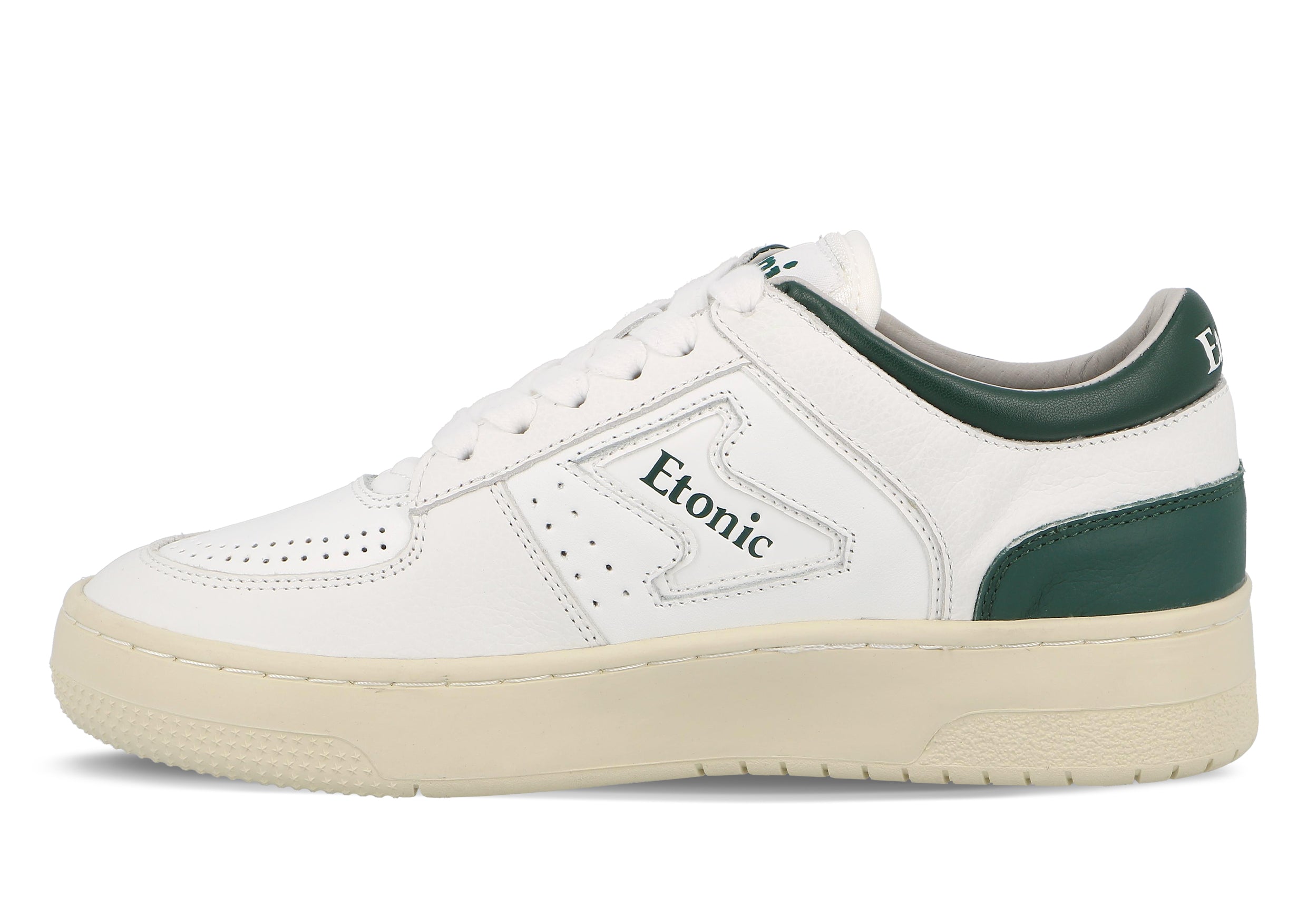 Sneakers Etonic B509 in pelle bianca con dettagli verde scuro e suola beige.