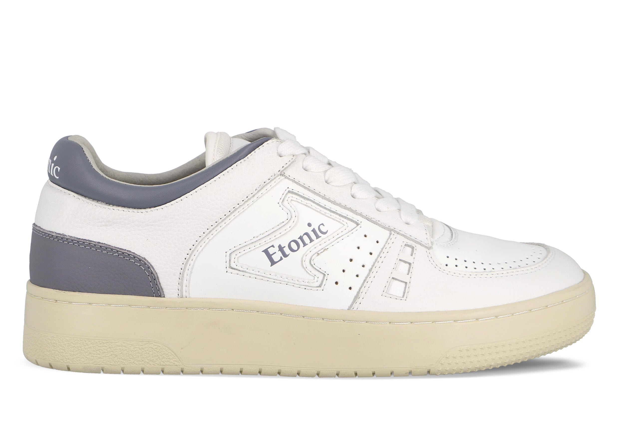 Sneakers Etonic B509 in pelle bianca con dettagli lilla scuro e suola beige.