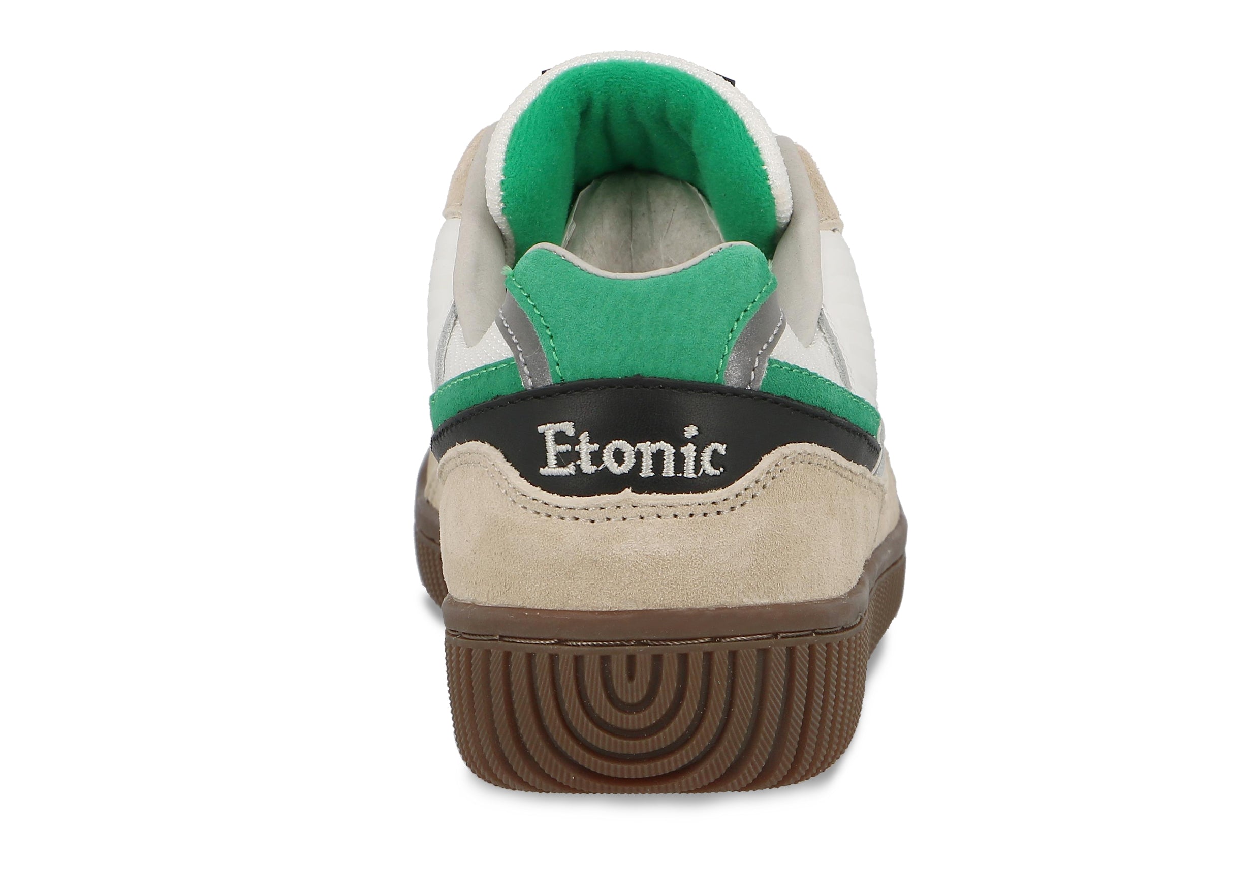 Sneakers Etonic DROPSHOT in pelle scamosciata beige, mesh bianco, dettagli verdi e neri con suola color miele chiaro.