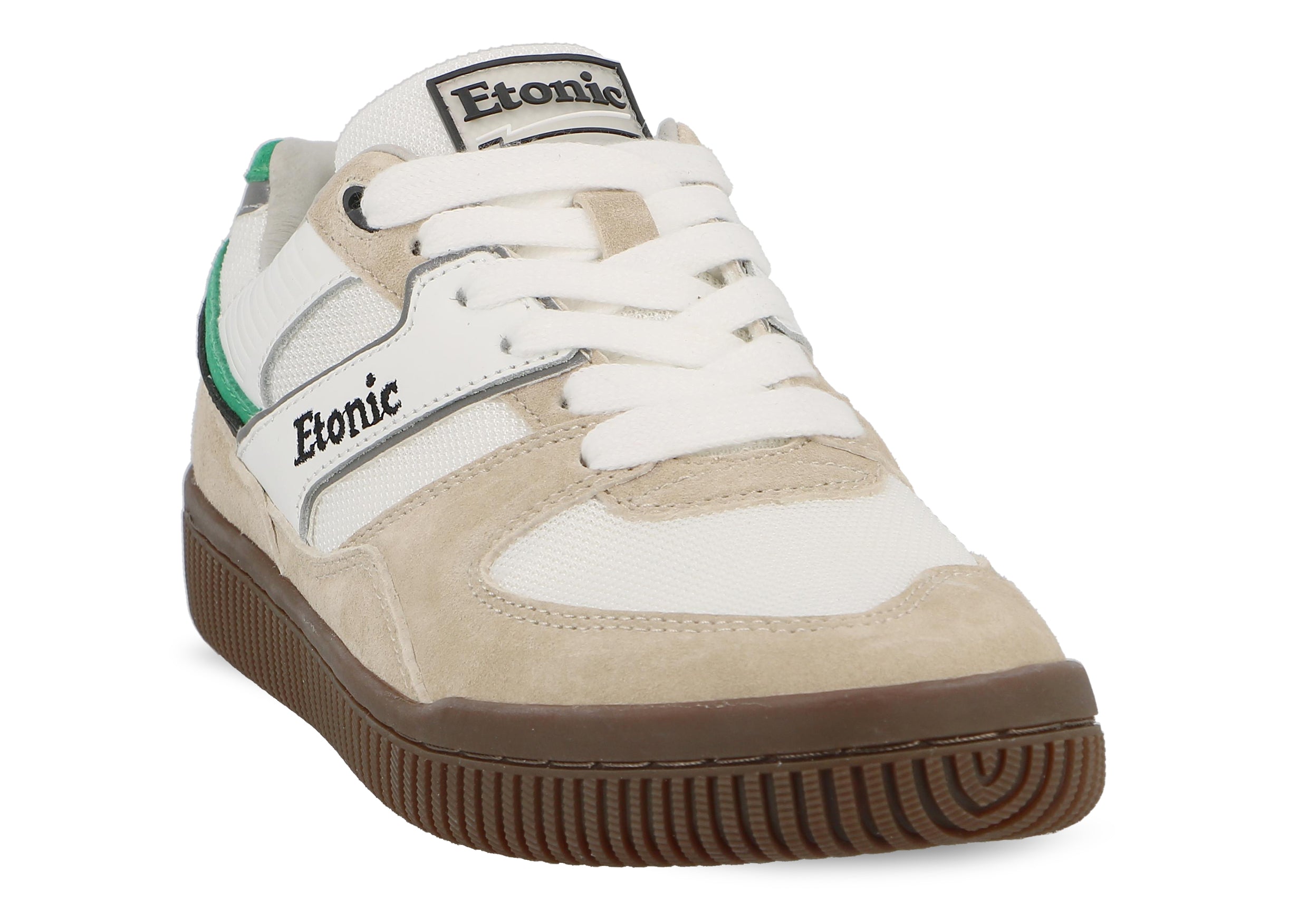 Sneakers Etonic DROPSHOT in pelle scamosciata beige, mesh bianco, dettagli verdi e neri con suola color miele chiaro.