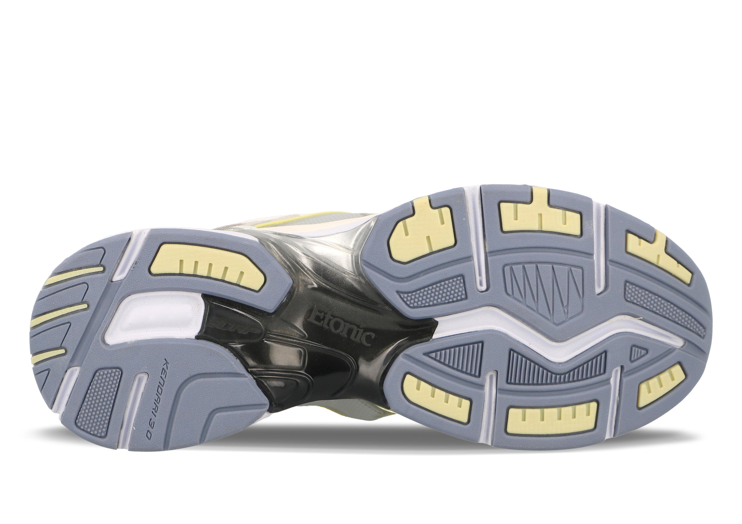 Baskets Etonic Kendari 3.0 en mesh blanc, empiècements en cuir blanc et gris avec détails argentés et jaunes.